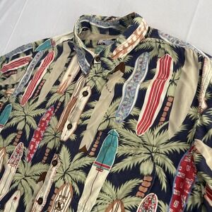Reyn Spooner Hawaiian Shirt Mens XL Short Sleeve Surf Boards Button Up Palms 90s